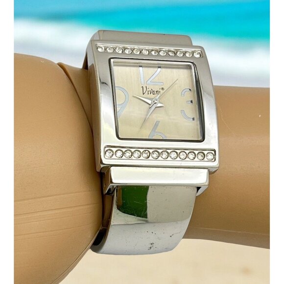 Vivani Womens Silver Tone Cuff Watch Bracelet Bangle Rhinestone Accents - Picture 1 of 8